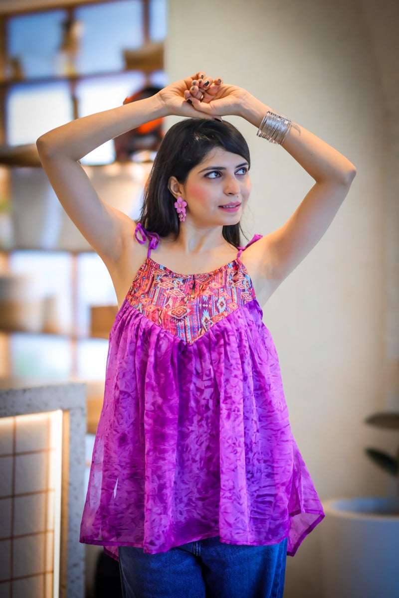 EthnicJunction Women's Georgette Shoulder Knot Flared Short Kurti Lavendar - Image 5