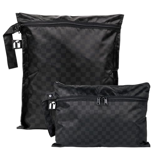 Bumkins Waterproof Wet Bag WetDry Clutch Bags For Beach Baby Travel Swim Suit Cloth Diapers Pump Parts Pool Gym Toiletries Reusable Easy to Clean Black Check 2 Pack - Image 1