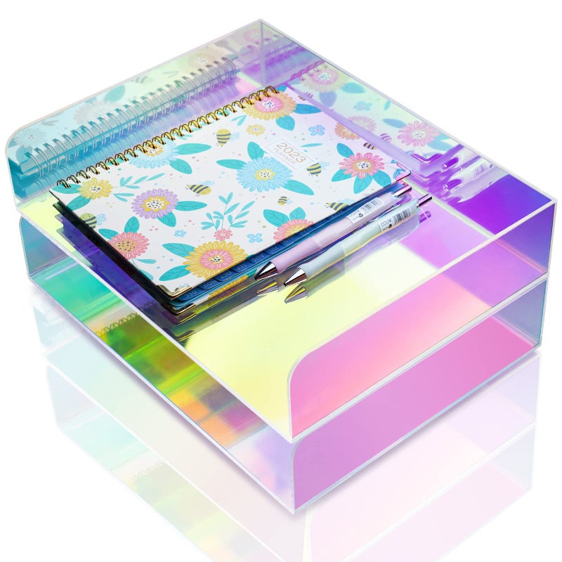 NiOffice Acrylic Letter Tray 2-Tier Iridescent Stackable Desk Paper Tray Organizer and Office Accessories Supplies, Rainbow Letter Size Desk Accessories Storage Organization (Portrait) - Image 1