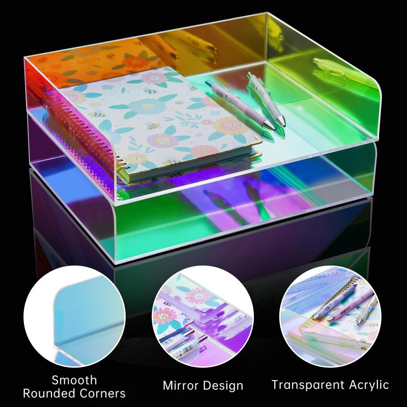 NiOffice Acrylic Letter Tray 2-Tier Iridescent Stackable Desk Paper Tray Organizer and Office Accessories Supplies, Rainbow Letter Size Desk Accessories Storage Organization (Portrait) - Image 2