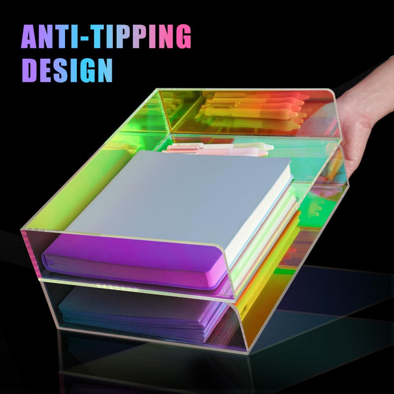 NiOffice Acrylic Letter Tray 2-Tier Iridescent Stackable Desk Paper Tray Organizer and Office Accessories Supplies, Rainbow Letter Size Desk Accessories Storage Organization (Portrait) - Image 4