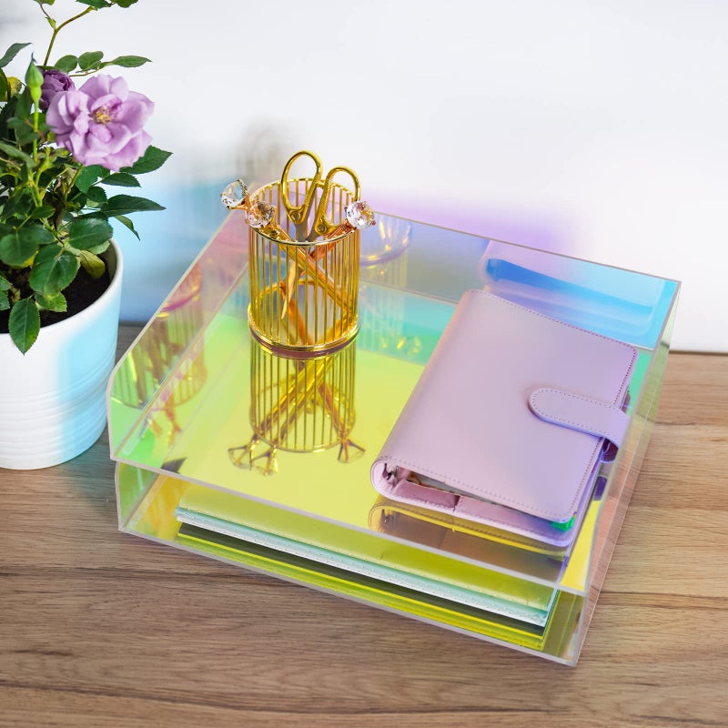 NiOffice Acrylic Letter Tray 2-Tier Iridescent Stackable Desk Paper Tray Organizer and Office Accessories Supplies, Rainbow Letter Size Desk Accessories Storage Organization (Portrait) - Image 5