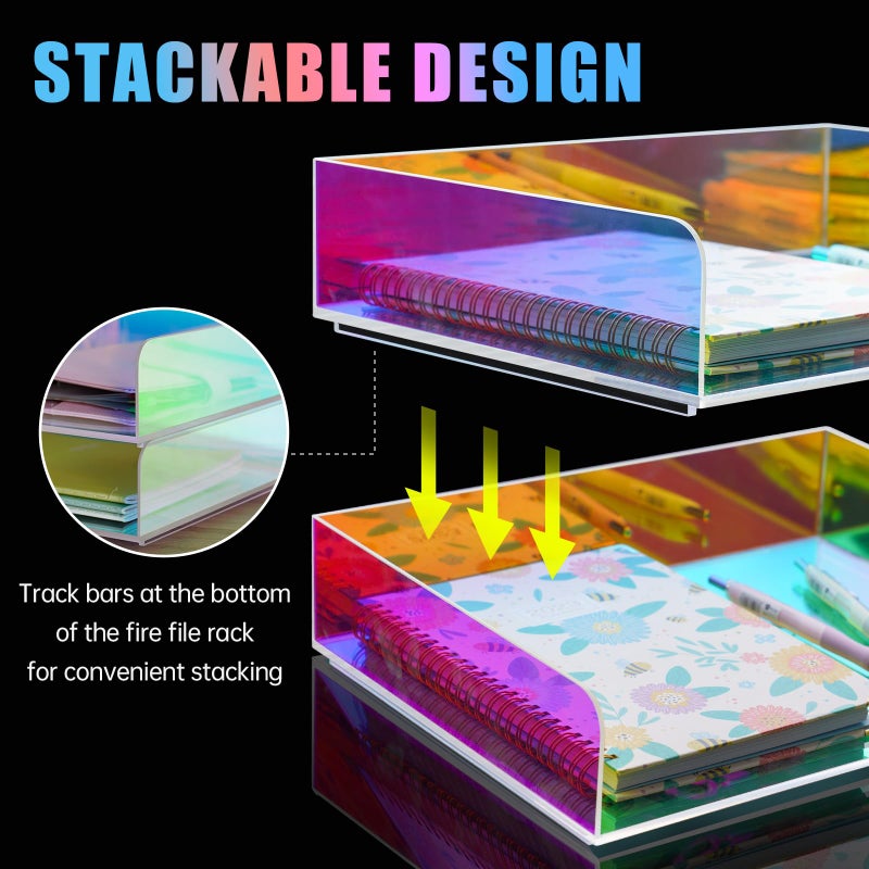 NiOffice Acrylic Letter Tray 2-Tier Iridescent Stackable Desk Paper Tray Organizer and Office Accessories Supplies, Rainbow Letter Size Desk Accessories Storage Organization (Portrait) - Image 3