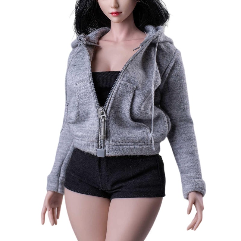 Fremego 16 Scale Female ClothesFemale Zipper Hoodie Coat Top Clothes for 12inch PH TBL JO Worldbox Action Figure Gray - Image 3