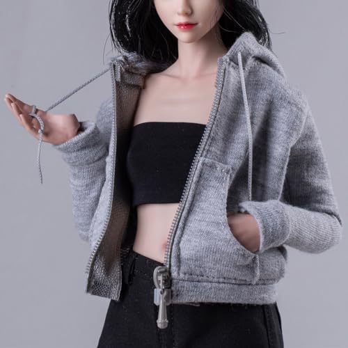 Fremego 16 Scale Female ClothesFemale Zipper Hoodie Coat Top Clothes for 12inch PH TBL JO Worldbox Action Figure Gray - Image 5