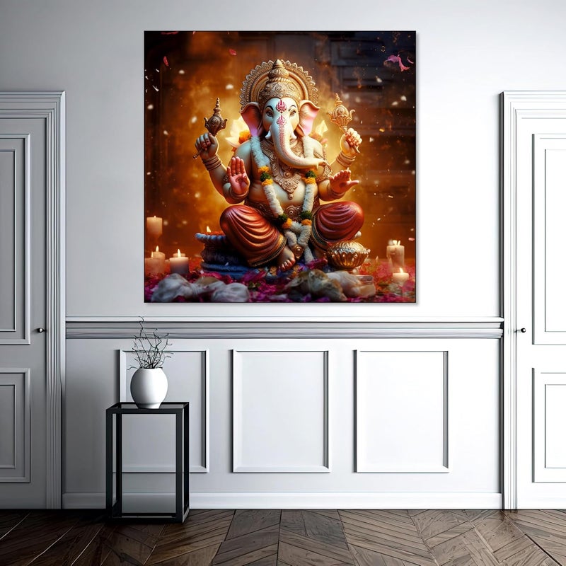 The Castle Decor Ganesh Murti Painting with Frame Big Size 24X24 Wall Art for Living Room Bedroom Drawing Room HotelsWooden FramedDigital Painting - Image 2