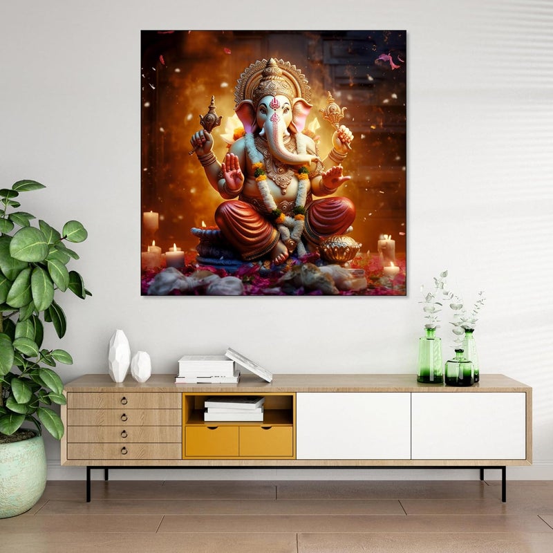 The Castle Decor Ganesh Murti Painting with Frame Big Size 24X24 Wall Art for Living Room Bedroom Drawing Room HotelsWooden FramedDigital Painting - Image 1