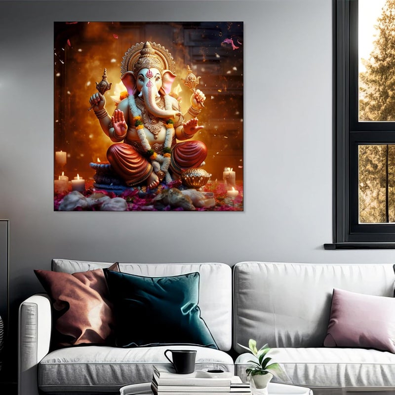 The Castle Decor Ganesh Murti Painting with Frame Big Size 24X24 Wall Art for Living Room Bedroom Drawing Room HotelsWooden FramedDigital Painting - Image 3