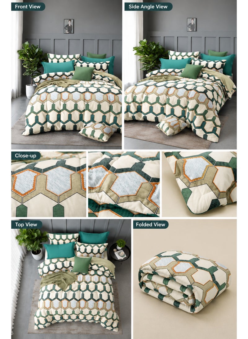 Green Beige Geometric Printed Comforter Set Full Size 190x245 cm with Flat Bedsheet & Pillow Covers - Image 2