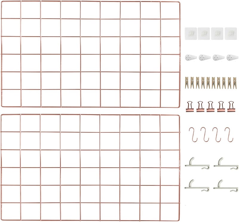 CIKLCIX Metal Grid Wall Panel Rose Gold, Wire Photo Display Organizer, 17.3"11.8" Wall Board, Picture Frame, 2-Pack Mesh Memo Board With Clips and Hooks All climate suitability - Image 1