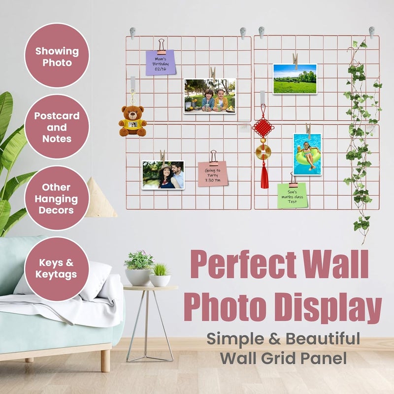 CIKLCIX Metal Grid Wall Panel Rose Gold, Wire Photo Display Organizer, 17.3"11.8" Wall Board, Picture Frame, 2-Pack Mesh Memo Board With Clips and Hooks All climate suitability - Image 3
