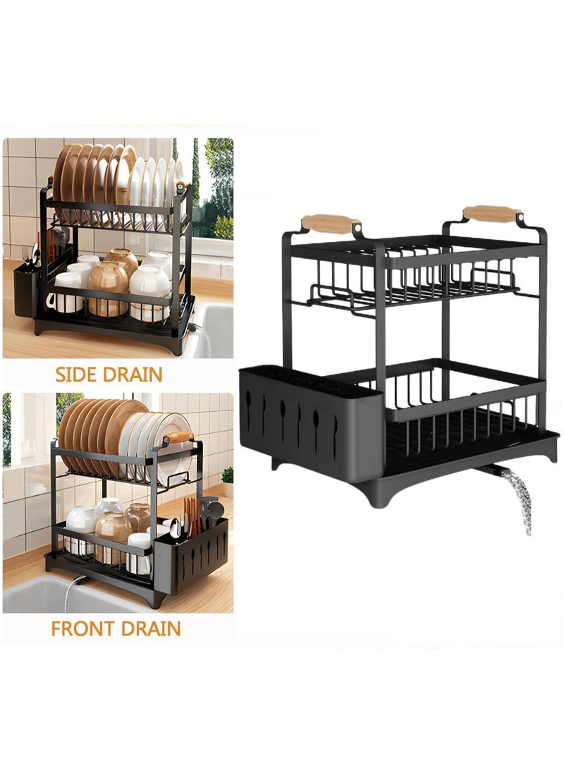 Generic New Dish Drying Rack with Drainage,Stainless Steel 2 Tier Dish Rack with Drainboard Set,Large Dish Drainers With Removable Cutting Board Holder Utensil Holder and Cup Holder Baking Black  - Image 1