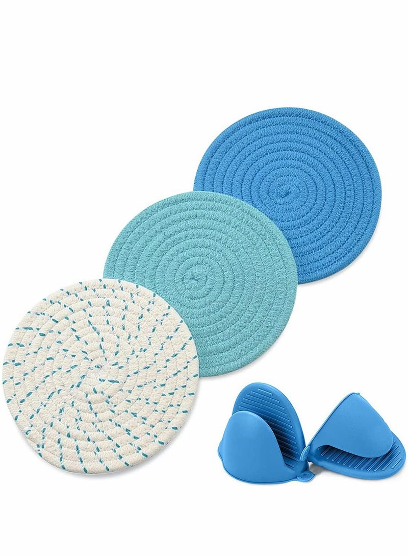 Y&D Potholders Set, Trivets Set Pot Holders for Hot Pots and Pans, Cotton Trivet Mats, Pads Oven Mitts Sets, Kitchens, Holder, Coasters Decor - of 5, Blue  - Image 1