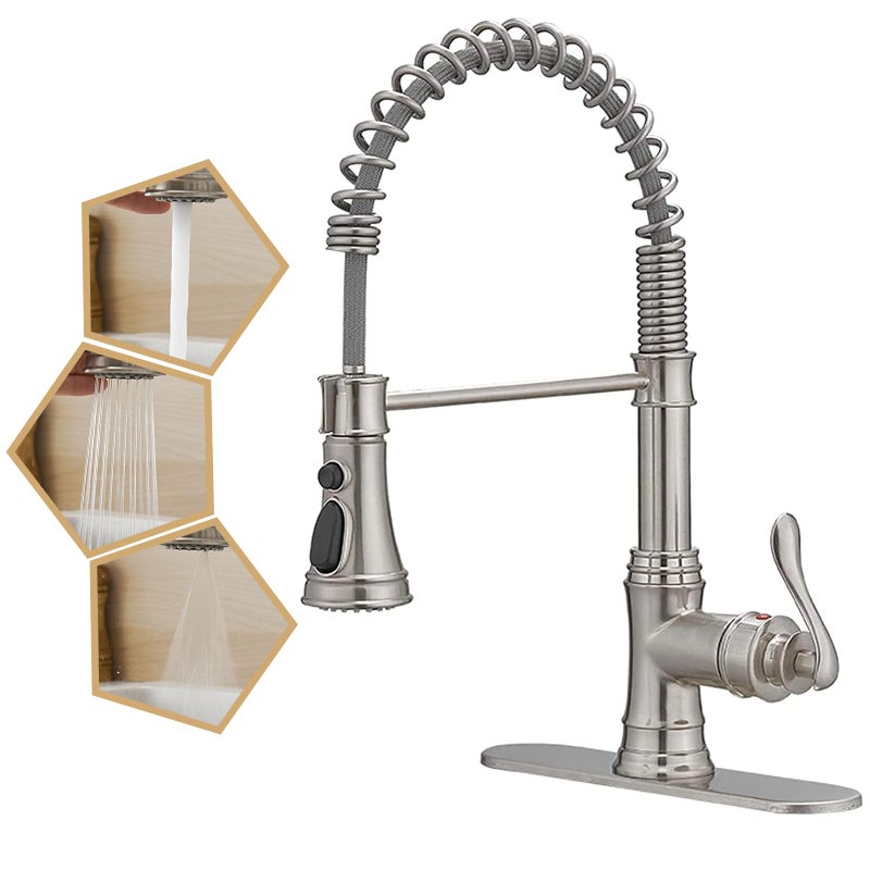 BATHLAVISH Kitchen Faucet with Pull Down Sprayer Kitchen Sink Faucets 3Mode Outlet Solid Brass Brush Pull Out Mixer Tap Commercial Faucet with 10inch Hole Cover Plate Brushed Nickel