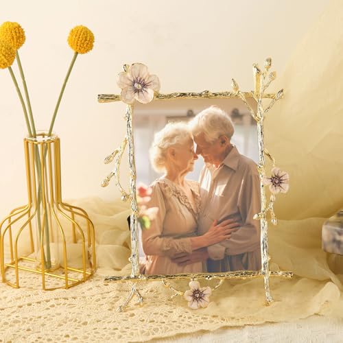 Goutangen Pink 5x7 Picture Frame Metal Decor Ornate Gold Photo Frames with High Definition Glass Front Art Decor Tabletop Display, Gifts Ideas for Women, Horizontally & Vertically - Image 2