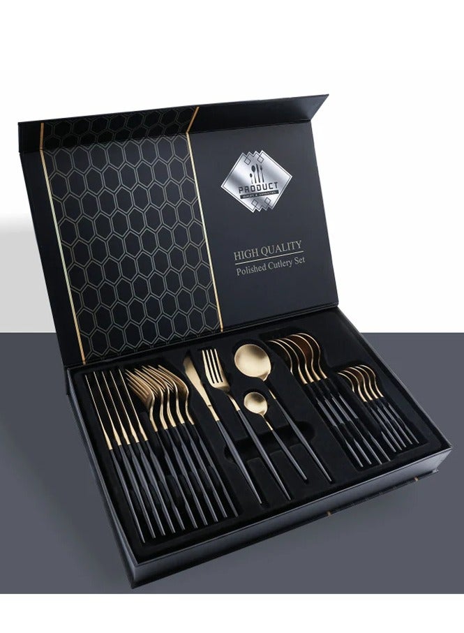 طقم معالق -اطقم معالق - طقم شوك وسكاكين ومعالق شيك جدا 24 قطعة -طقم معلقه وشوكه 6 افراد - مجموعة ادوات مائدة فضية من الستانلس ستيل : 24 قطعة من ادوات المائدة وشوك وملاعق وسكين شريحة لحم 6 - قم أدوات مائدة يكفي 6 أشخاص ، 24 قطعة، أدوات مائدة مع شوكة سكين، أدوات مائدة من الفولاذ المقاوم للصدأ، آمن للاستخدام في غسالة الأطباق - Image 1