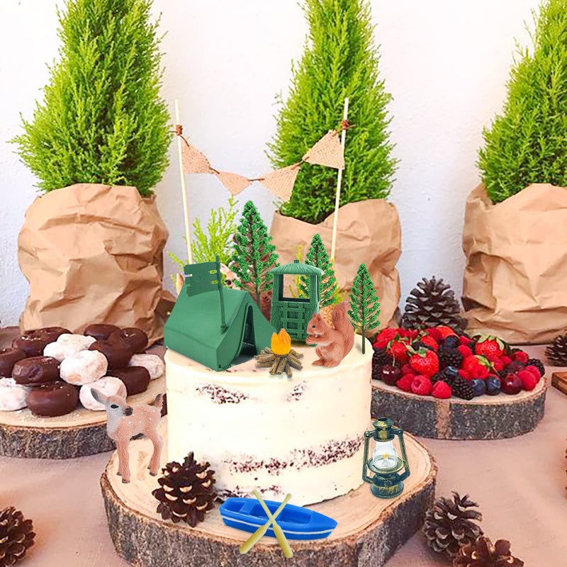 Lukinuo 13pcs Camping Cake Topper Fireside Camp DecoSet Tent Bonfire Canoe Tree Squirrel Deer Figures Camping Cake Decoration for Happy Camper Forest Summer Camping Picnic Hiking Adventure Theme Party - Image 4
