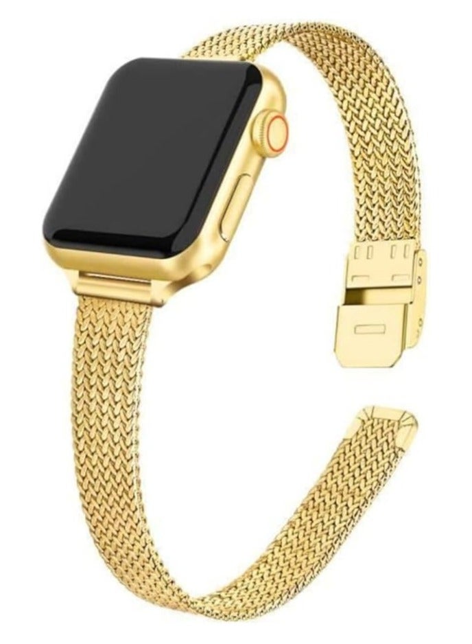 Slim Metal Straps Compatible With Apple Watch Series 10 9 8 7 6 5 4 SE, 38/40/41/42mm Thin Narrow Stainless Steel Mesh Milanese Metal Replacement Strap for Women - Gold