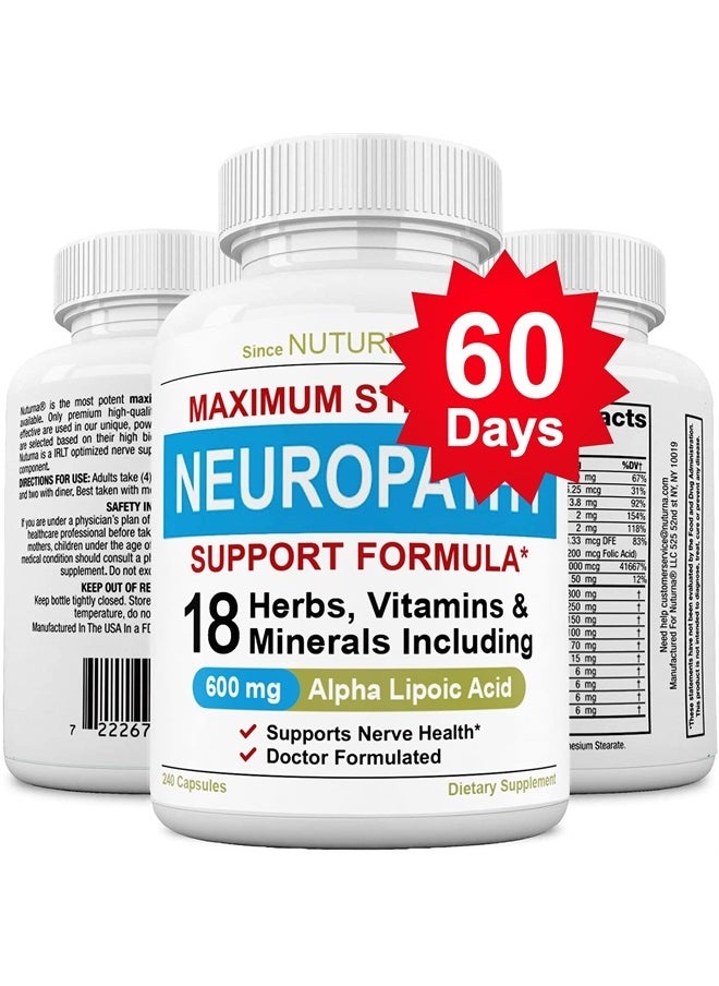 Nuturna - (60 Days) Neuropathy Support Supplement with 600 mg Alpha Lipoic Acid - Nerve Support Formula for Feet, Hands, Fingers, Legs Toe - Maximum Strength Natural Nerve Supplement Vitamins - 240 Pills - Image 1