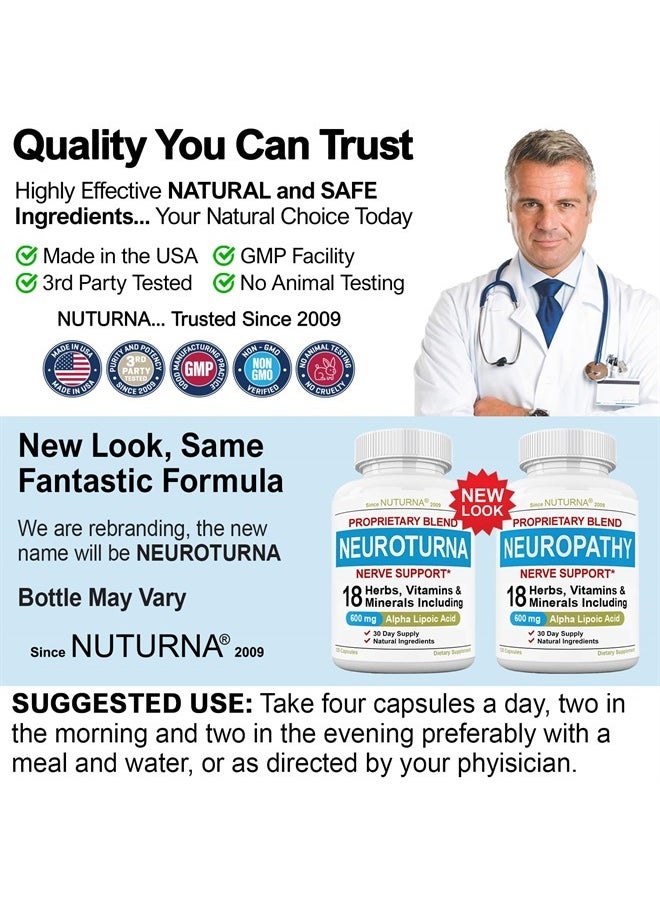Nuturna - (60 Days) Neuropathy Support Supplement with 600 mg Alpha Lipoic Acid - Nerve Support Formula for Feet, Hands, Fingers, Legs Toe - Maximum Strength Natural Nerve Supplement Vitamins - 240 Pills - Image 1