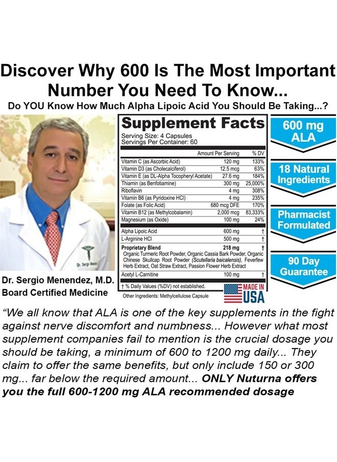 Nuturna - (60 Days) Neuropathy Support Supplement with 600 mg Alpha Lipoic Acid - Nerve Support Formula for Feet, Hands, Fingers, Legs Toe - Maximum Strength Natural Nerve Supplement Vitamins - 240 Pills - Image 1