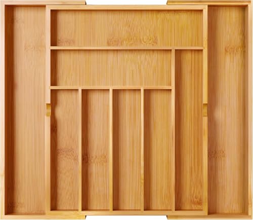 BAMEOS drawer organizer flatware organizer cutlery tray silverware organizer expandable adjustable bamboo drawer organizer kitchen bathroom - Image 1