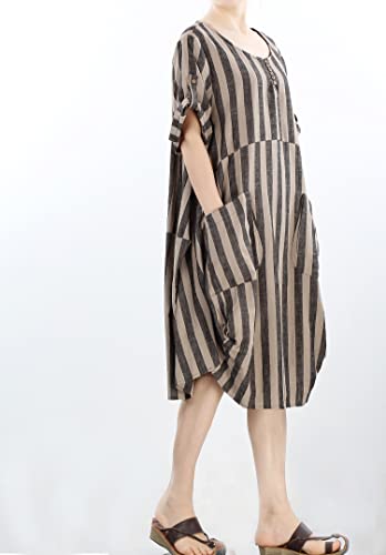 LaovanIn Women's Plus Size Tunic Dress Summer Cotton Linen T Shirt Knee-Length Dresses Style 2 Black-Brown Stripe Large - Image 4