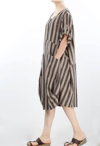 LaovanIn Women's Plus Size Tunic Dress Summer Cotton Linen T Shirt Knee-Length Dresses Style 2 Black-Brown Stripe Large - Image 2