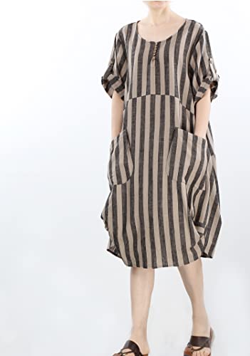 LaovanIn Women's Plus Size Tunic Dress Summer Cotton Linen T Shirt Knee-Length Dresses Style 2 Black-Brown Stripe Large - Image 3