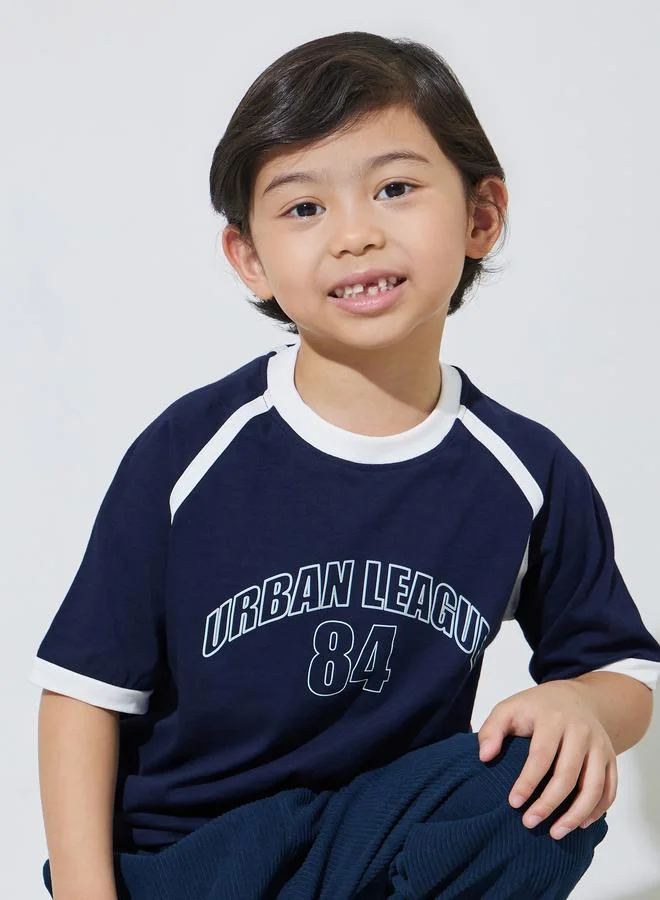 Styli Boys Navy Blue Graphic Print Raglan Sleeves Oversized T-Shirt