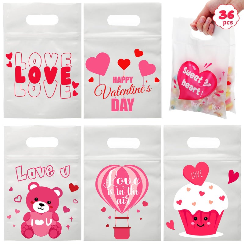 Eaasty 36 Pcs Valentine's Day Cellophane Gift Bag 9" Candy Treat Bags Zipper Goodie Bags with Handles 6 Themed Designs Plastic for Valentines Day Party Gift Wrapping Supplies Decorations - Image 1
