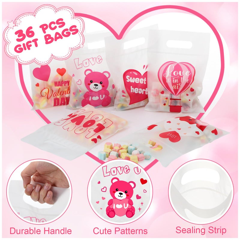 Eaasty 36 Pcs Valentine's Day Cellophane Gift Bag 9" Candy Treat Bags Zipper Goodie Bags with Handles 6 Themed Designs Plastic for Valentines Day Party Gift Wrapping Supplies Decorations - Image 3