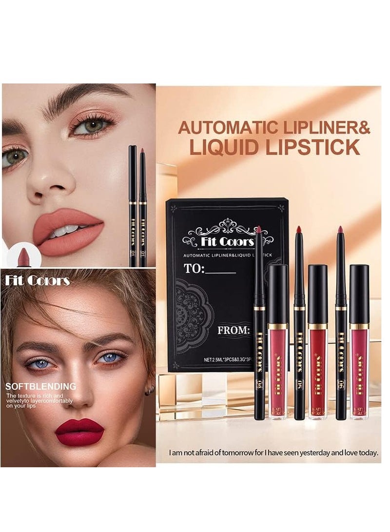 Excefore 6Pcs Lip Liner and Lipstick Set, 3 Velvety Matte Liquid Lipsticks + 3 Matching Smooth Lip Liner, Long-Lasting Wear Waterproof Lip Gloss, Makeup Lipstick Gift Kit for Women Girls Daily Party Work - Image 2