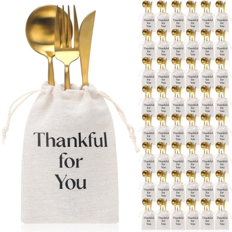 SilTriangle 48 Pcs Thanksgiving Utensil Holders Rustic Farmhouse Canvas Linen Cutlery Bags 4 x 6 Inches Thankful for You Silverware Holders for Thanksgiving Autumn Fall Table Decor Party Favor - Image 2