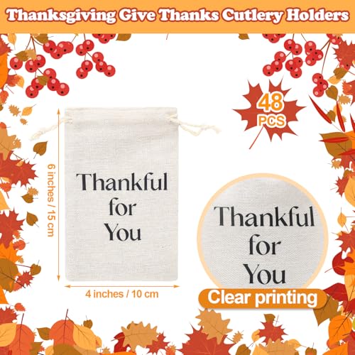 SilTriangle 48 Pcs Thanksgiving Utensil Holders Rustic Farmhouse Canvas Linen Cutlery Bags 4 x 6 Inches Thankful for You Silverware Holders for Thanksgiving Autumn Fall Table Decor Party Favor - Image 3