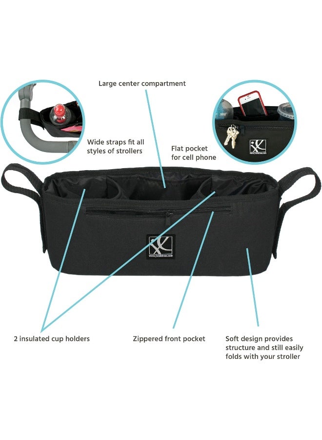 J.L. Childress Cargo 'N Drinks Parent Tray, Universal Stroller Organizer with Insulated Cup Holders, Folds into Stroller, Easy Velcro Attachment, Black - Image 2