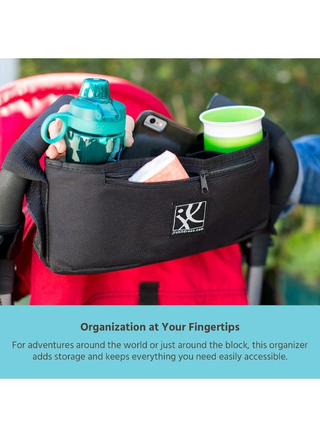 J.L. Childress Cargo 'N Drinks Parent Tray, Universal Stroller Organizer with Insulated Cup Holders, Folds into Stroller, Easy Velcro Attachment, Black - Image 3