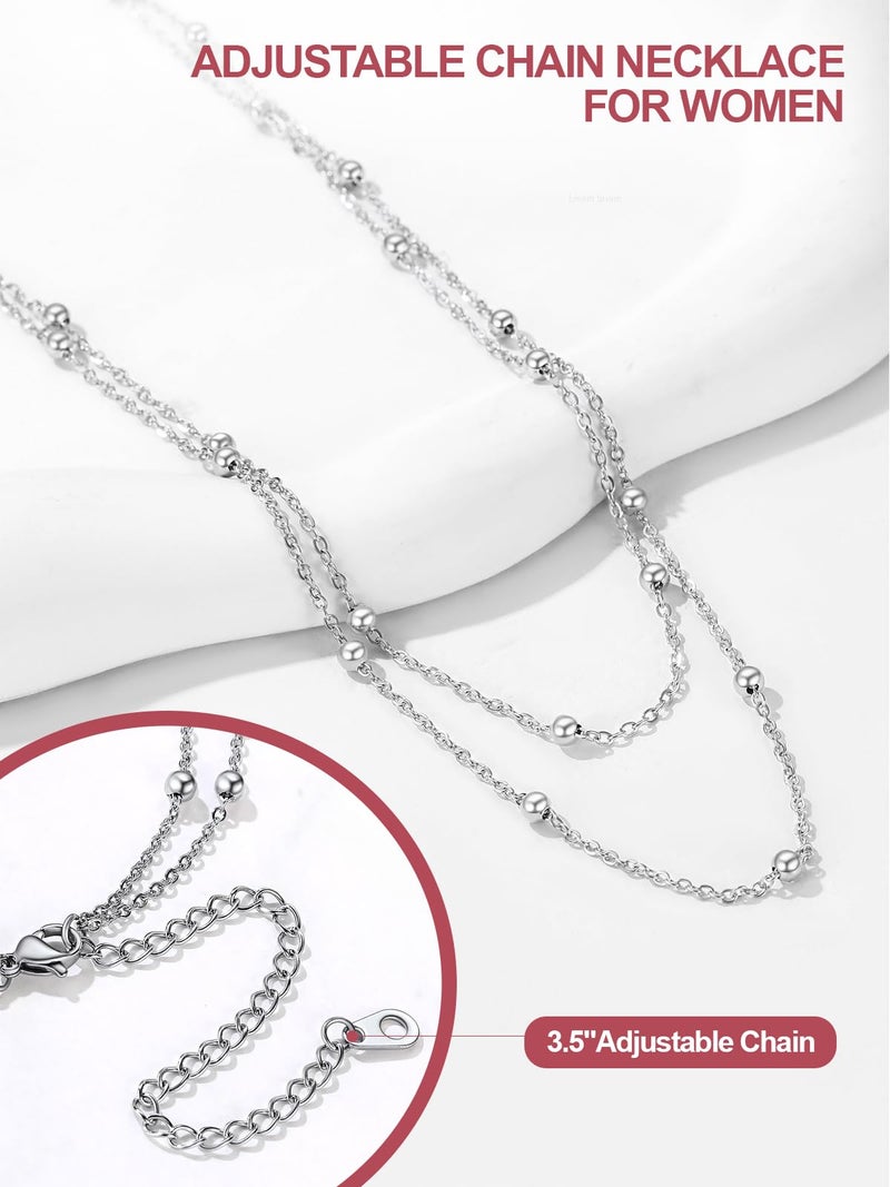 FOCALOOK Layered Necklaces for Women, Dainty Silver Satellite Choker Necklace, Stainless Steel Double Stacked Beaded Chain Choker Trendy Jewelry Gift - Image 4