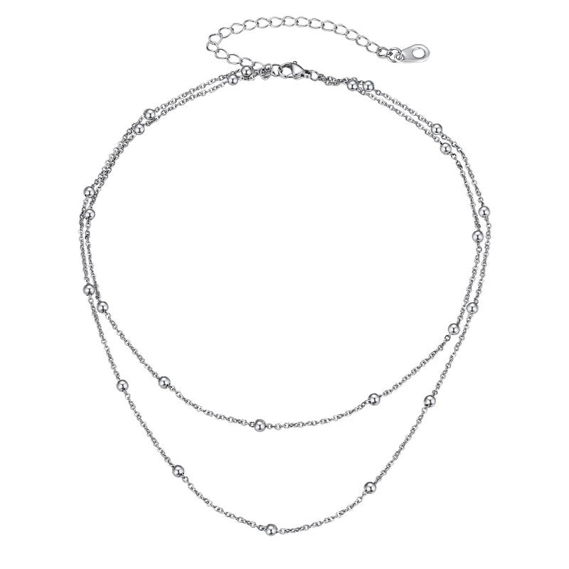 FOCALOOK Layered Necklaces for Women, Dainty Silver Satellite Choker Necklace, Stainless Steel Double Stacked Beaded Chain Choker Trendy Jewelry Gift - Image 1
