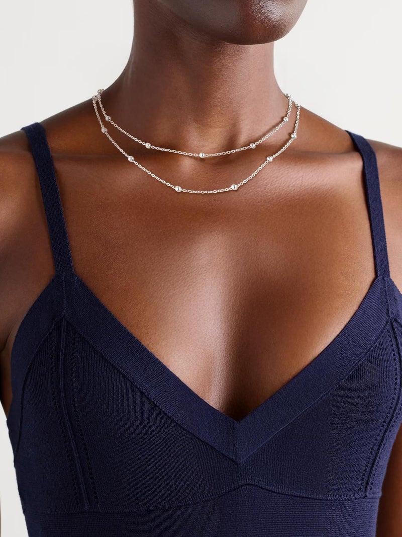 FOCALOOK Layered Necklaces for Women, Dainty Silver Satellite Choker Necklace, Stainless Steel Double Stacked Beaded Chain Choker Trendy Jewelry Gift - Image 5