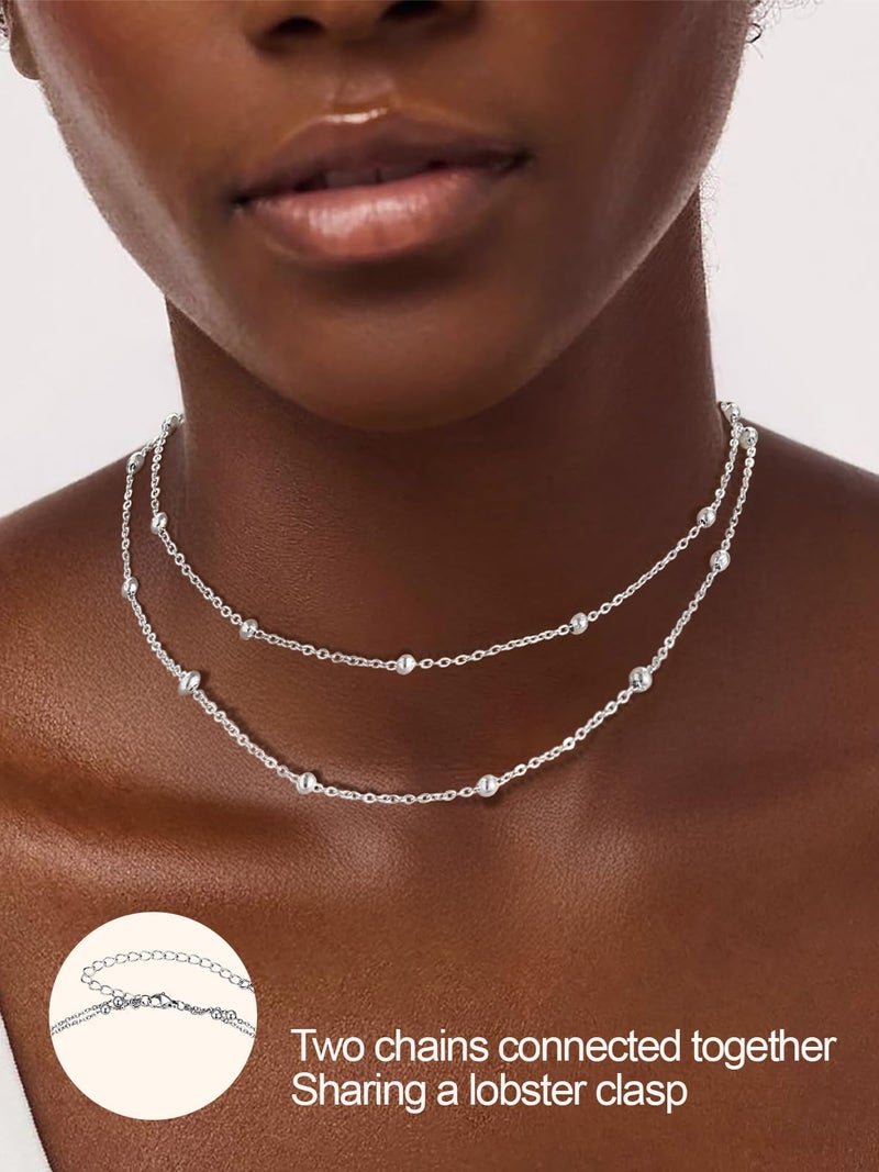 FOCALOOK Layered Necklaces for Women, Dainty Silver Satellite Choker Necklace, Stainless Steel Double Stacked Beaded Chain Choker Trendy Jewelry Gift - Image 2