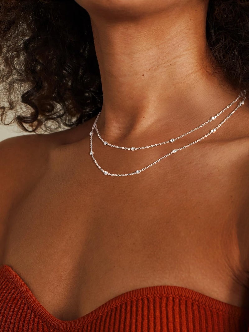 FOCALOOK Layered Necklaces for Women, Dainty Silver Satellite Choker Necklace, Stainless Steel Double Stacked Beaded Chain Choker Trendy Jewelry Gift - Image 3