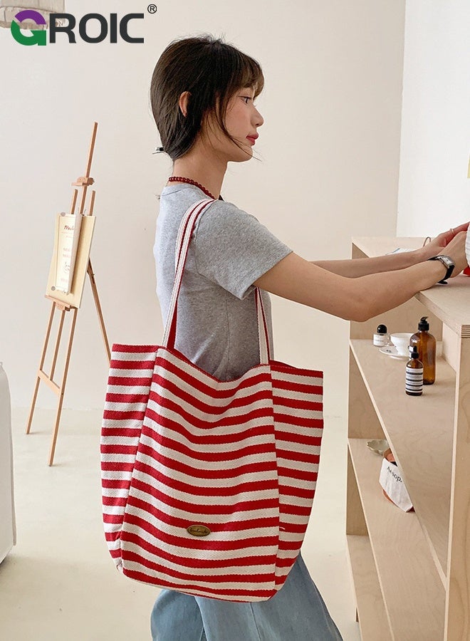 GROIC Canvas Tote Bag,Red Double-Sided Fashion Shoulder Bag,Reusable Shopping Bag, Striped Canvas Bag for women,Large Capacity Casual Commuter Shoulder Bag - Image 5