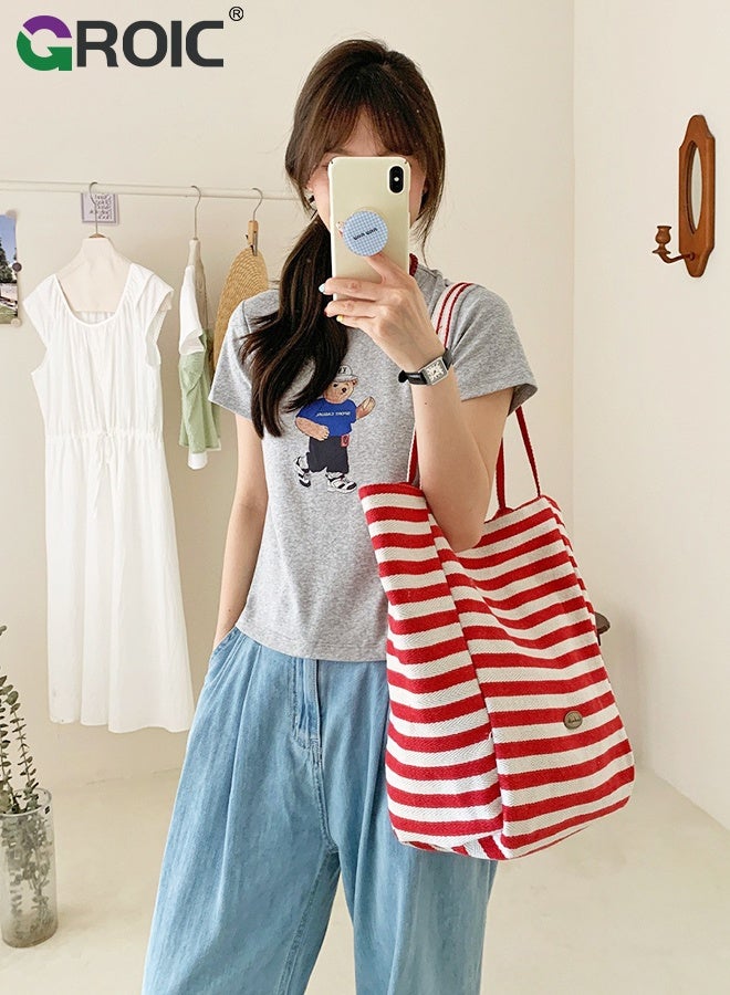 GROIC Canvas Tote Bag,Red Double-Sided Fashion Shoulder Bag,Reusable Shopping Bag, Striped Canvas Bag for women,Large Capacity Casual Commuter Shoulder Bag - Image 4
