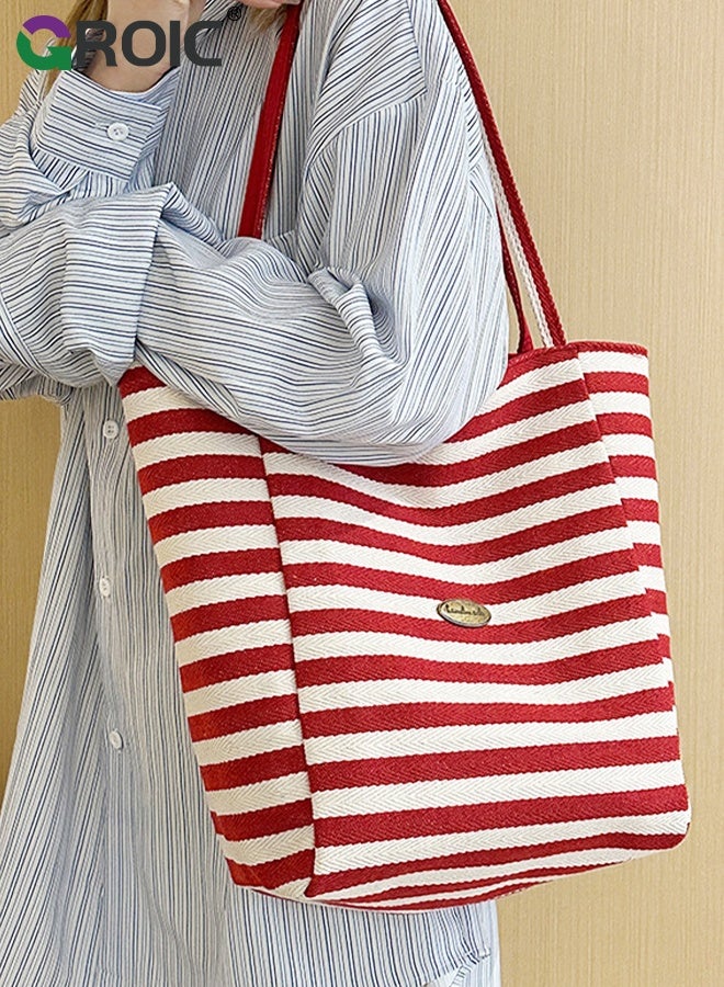 GROIC Canvas Tote Bag,Red Double-Sided Fashion Shoulder Bag,Reusable Shopping Bag, Striped Canvas Bag for women,Large Capacity Casual Commuter Shoulder Bag - Image 1