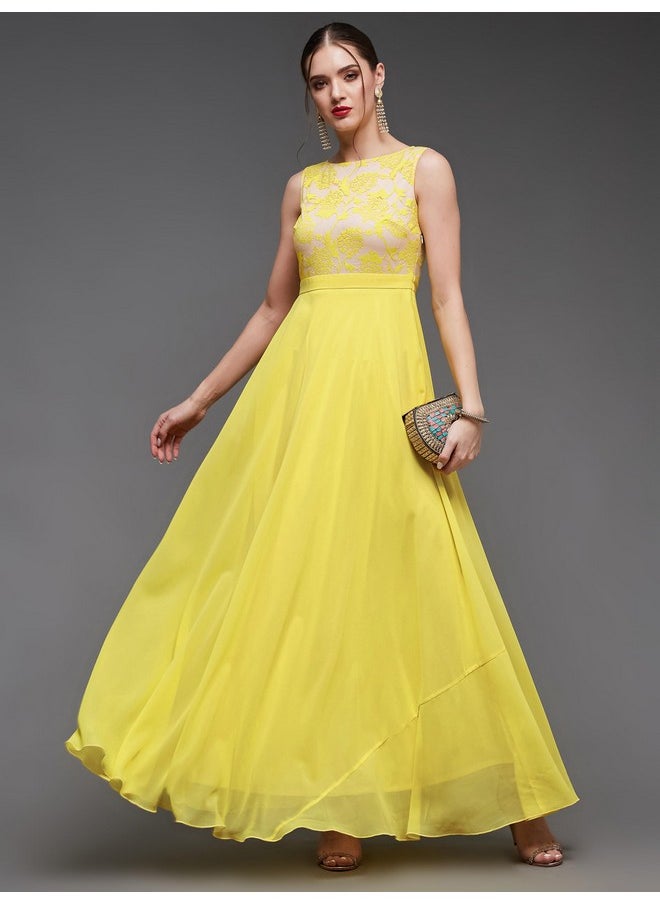 Miss Chase - Miss Chase Women's Round Neck Sleeveless Georgette Floral Lace Fit & Flare Maxi Dress Light Yellow - Image 1