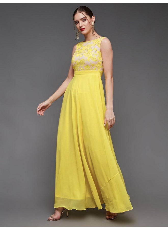 Miss Chase - Miss Chase Women's Round Neck Sleeveless Georgette Floral Lace Fit & Flare Maxi Dress Light Yellow - Image 1