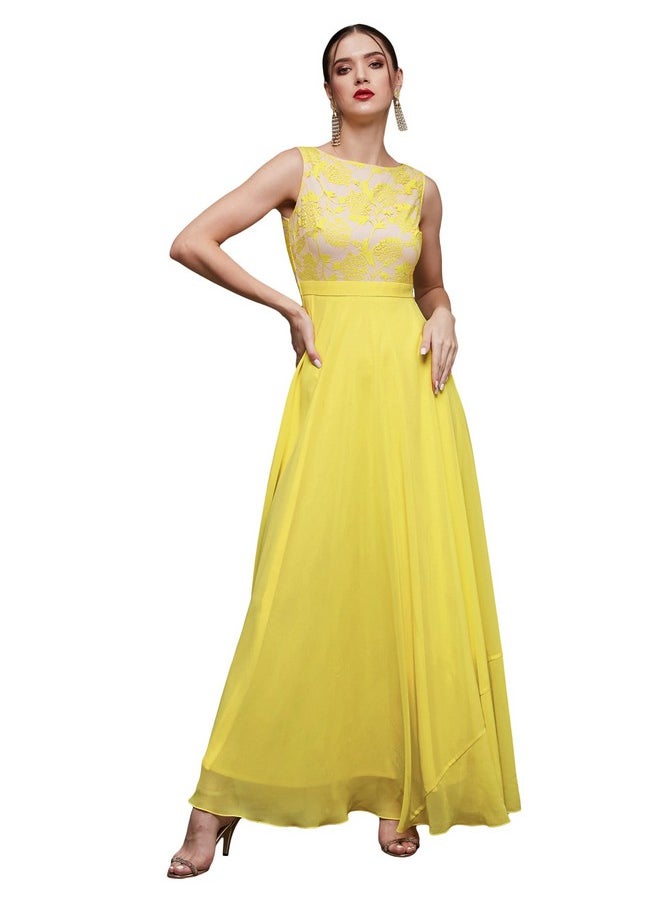 Miss Chase - Miss Chase Women's Round Neck Sleeveless Georgette Floral Lace Fit & Flare Maxi Dress Light Yellow - Image 1
