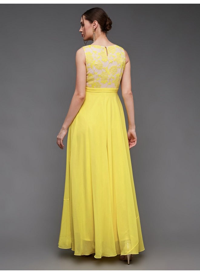 Miss Chase - Miss Chase Women's Round Neck Sleeveless Georgette Floral Lace Fit & Flare Maxi Dress Light Yellow - Image 1