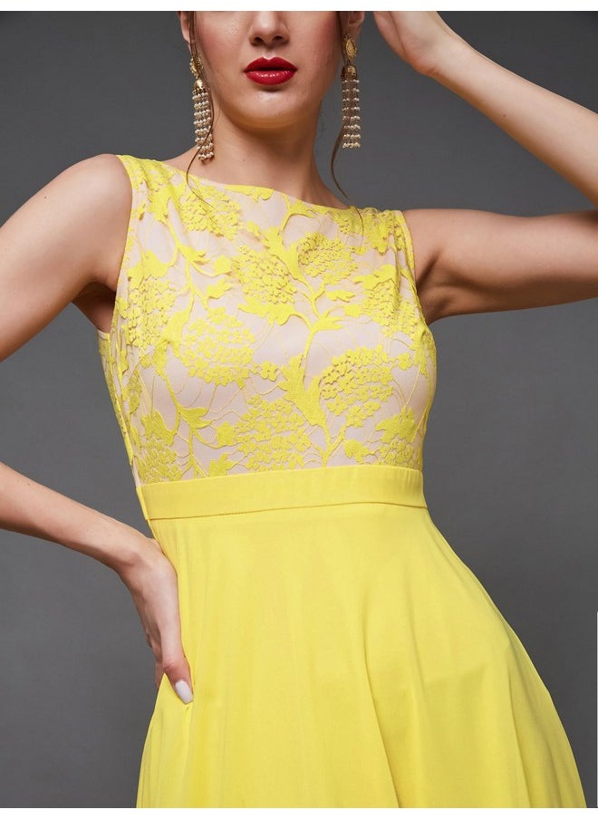 Miss Chase - Miss Chase Women's Round Neck Sleeveless Georgette Floral Lace Fit & Flare Maxi Dress Light Yellow - Image 1